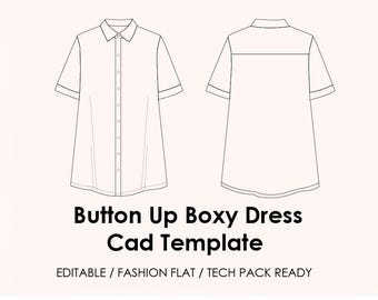 Boxy Shirt Dress CAD Template | Editable AI Vector + JPEG | Fashion Flat Drawing | Tech Pack Ready + Mockup (Flat Lay & Model)