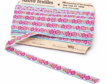 Vintage Floral Jacquard Ribbon | Pink Daisy Cottagecore Sewing Trim (1/2 Yard)