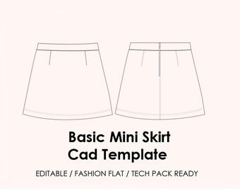 Mini Skirt CAD Template | Editable AI Vector + JPEG | Fashion Flat Drawing | Tech Pack Ready + Mockup (Flat Lay & Model)