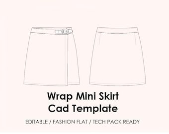 Wrap Mini Skirt CAD Template | Editable AI Vector + JPEG | Fashion Flat Drawing | Tech Pack Ready + Mockup (Flat Lay & Model)