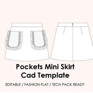 May include: A white mini skirt CAD template with ruffled pockets. The design is shown from the front and back. Text at the bottom reads "Pockets Mini Skirt CAD Template".
