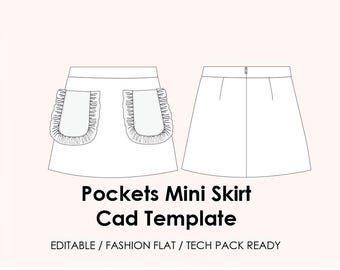 Pockets Mini Skirt CAD Template | Editable AI Vector + JPEG | Fashion Flat Drawing | Tech Pack Ready + Mockup (Flat Lay & Model)