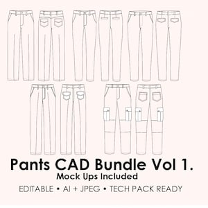 Könnte beinhalten: Strichzeichnungen verschiedener Hosenmodelle, darunter gerade Schnitte und Cargohosen, mit unterschiedlichen Taschenkonfigurationen. Das Bild trägt den Titel "Pants CAD Bundle Vol 1." und enthält den Text "Mock Ups Included".
