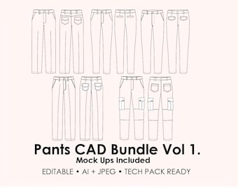 Pants CAD Bundle Vol.1 | 5 Skirt Templates AI + JPEG | A-Line Pencil Pleated Wrap Button Front | Fashion Flats Tech Pack Ready