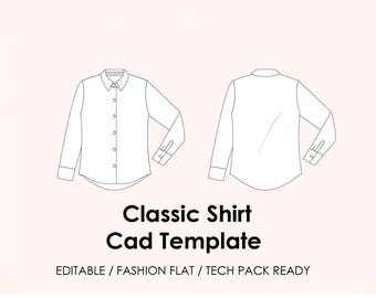 Classic Shirt CAD Template | Editable AI Vector + JPEG | Fashion Flat Drawing | Tech Pack Ready + Mockup (Flat Lay & Model)