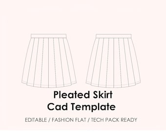 Pleated Skirt CAD Template | Editable AI Vector + JPEG | Fashion Flat Drawing | Tech Pack Ready + Mockup (Flat Lay & Model)