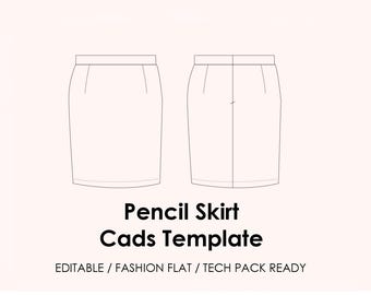 Pencil Skirt CAD Template | Editable AI Vector + JPEG | Fashion Flat Drawing | Tech Pack Ready + Mockup (Flat Lay & Model)