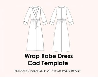 Wrap Robe Dress CAD Template | Editable AI Vector + JPEG | Fashion Flat Drawing | Tech Pack Ready + Mockup (Flat Lay & Model)