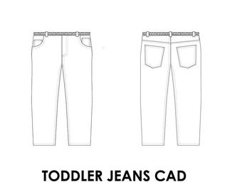 Toddler Denim Jeans CAD | Kidswear CAD Template | Editable AI Vector | Front & Back Flats | Fashion Tech Pack Element | Baby Jeans Design