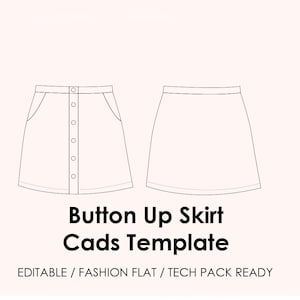 Könnte beinhalten: Strichzeichnung einer Button-Up-Rock-CAD-Vorlage. Das Design zeigt einen Rock mit Knopfverschluss, Taschen und einem Bund. Der Text "Button Up Skirt Cads Template" wird unterhalb des Rockdesigns zusammen mit zusätzlichem Text angezeigt.