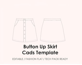 Button Up Skirt CAD Template | Editable AI Vector + JPEG | Fashion Flat Drawing | Tech Pack Ready + Mockup (Flat Lay & Model)