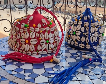 Handmade Moroccan Fez – Luxury Berber Hat with Cowrie Shells and Tassel | Perfect for Décor, Weddings and Gifts