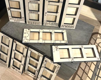 Laser Engraved Wooden Photo Booth Frame, Holds 3 Photos, Magnetic Display