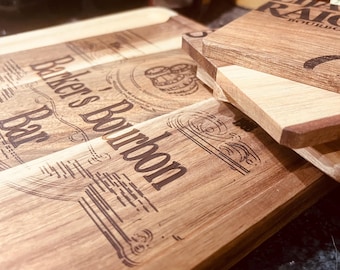 Personalized Bourbon Bar Tray & Coaster Set: Engraved Rustic Wood