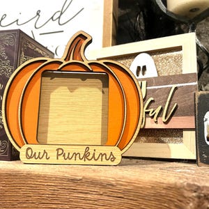 May include: A wooden pumpkin-shaped picture frame with a natural light wood center and orange outer layers. The base of the frame features the engraved text "Our Punkins" in a cursive script. The frame has a square opening for a photograph.