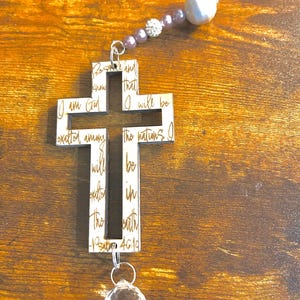 Engraved Wood Cross Car Charm • Joshua 1:9 Scripture, Crystal Accent