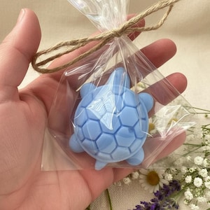 May include: A light blue turtle-shaped soap bar packaged in a clear plastic bag tied with a brown twine bow. The soap features a detailed hexagonal shell pattern on its back and is molded into the shape of a small sea turtle with four flippers.