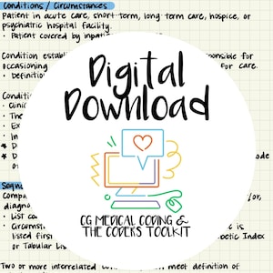 Könnte beinhalten: Eine digitale Download-Grafik mit dem Text "Digital Download" in handschriftlichem Stil. Das Bild enthält eine Computerillustration mit einem Herzsymbol und den Text "CG MEDICAL CODING & THE CODERS TOOLKIT" auf einem karierten Papierhintergrund.