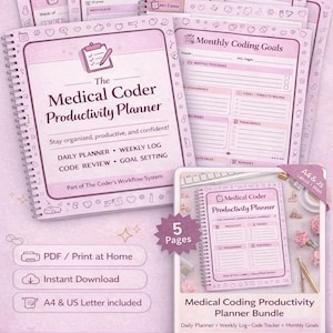 May include: A pink Medical Coder Productivity Planner bundle with daily, weekly, and monthly goal trackers. The bundle includes a daily planner, weekly log, and code tracker. The text "Best Seller!" is at the top. Includes A4 & US Letter sizes.
