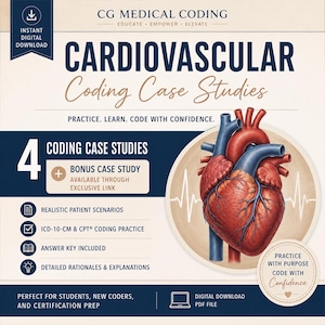 Könnte beinhalten: Ein digitaler Bildungsleitfaden mit dem Titel Cardiovascular Coding Case Studies von CG Medical Coding. Das Dokument enthält eine detaillierte anatomische Illustration eines menschlichen Herzens und beschreibt vier Fallstudien.