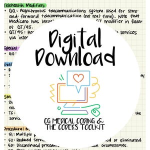 May include: Digital download graphic with the text "Commonly Used Modifiers" in blue and pink. A circular graphic in the center reads "Digital Download" with a computer and heart icon. The text "CG MEDICAL CODING & THE CODERS TOOLKIT" is also present.