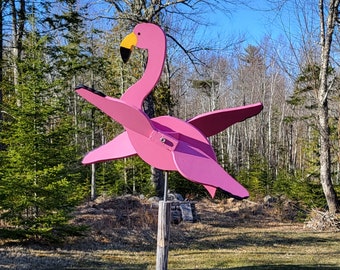 Pink Flamingo Whirligig - yard and garden wooden wind spinner, Folk Art