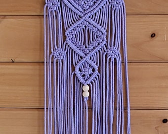 Lavender macrame wall hanging - diamond pattern with beads, wall decor