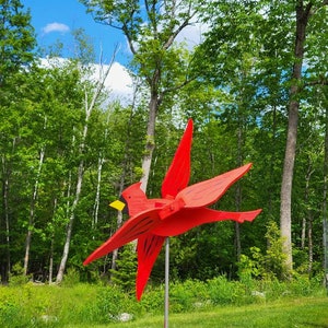 Cardinal whirligig, yard and garden wooden wind spinner, Folk Art