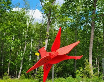 Cardinal whirligig, yard and garden wooden wind spinner, Folk Art