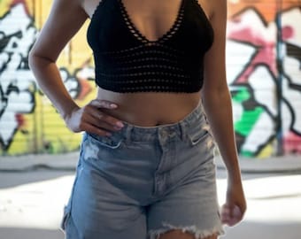 Handmade Black Crochet Crop Top: Boho Festival Bralette