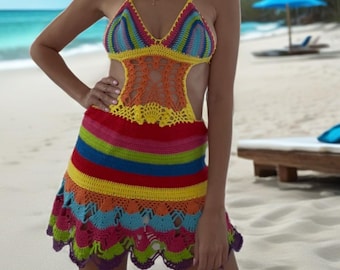 Handmade Crochet Rainbow Dress: Boho Beach Cover-Up, Festival Halter