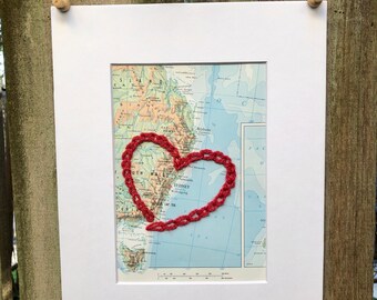 Sydney, Australia Hand Stitched Heart Vintage Map 5x7 for Wedding, Engagement, Anniversary, Graduation, Adventure Embroidered Map Gift