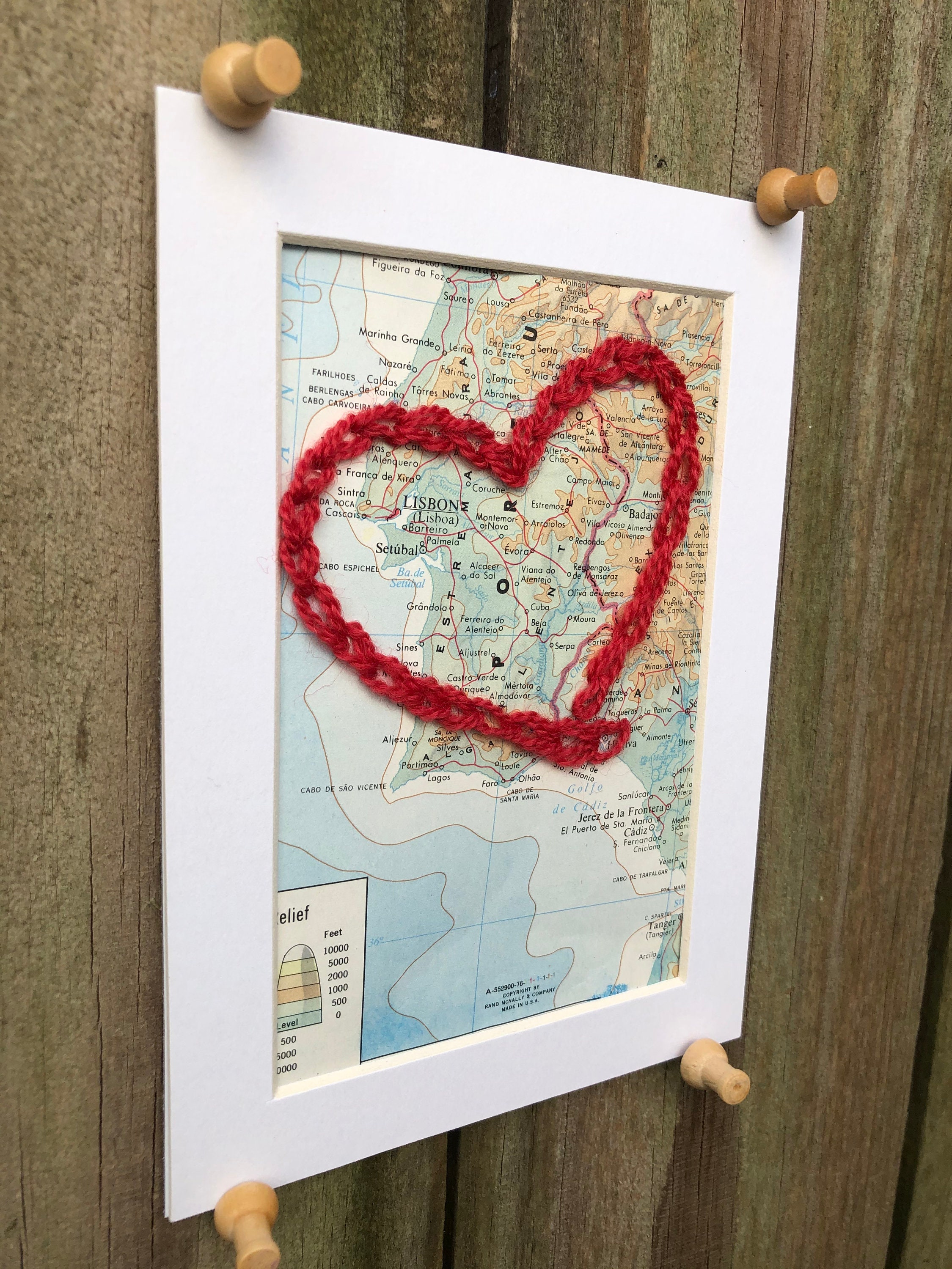 Decoupaged Heart Map Personalized Hand Stitched Heart Vintage Map 4x6 for Wedding ...