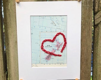 New Zealand Hand Stitched Heart Vintage Map 5x7 for Wedding, Engagement, Anniversary, Graduation, Adventure Embroidered Map Gift