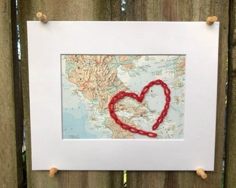 Athens, Greece Hand Stitched Heart Vintage Map 5x7 for Wedding, Engagement, Anniversary, Graduation, Adventure Embroidered Map Gift