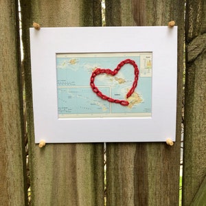 Hawaii, Honolulu, Hand Stitched Heart Vintage Map 5x7, Wedding, Engagement, Anniversary, Graduation, Travel, Adventure Embroidered Gift