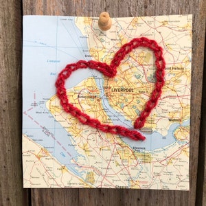 Personalized Hand stitched Heart Vintage Map 5x7 for Wedding, Anniversary, Engagement, Graduation, Adventure Embroidered Map Gift, Heart Map