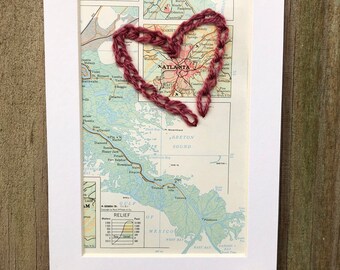 Atlanta, Georgia Hand Stitched Heart Vintage Map 4x6 for Wedding, Anniversary, Engagement, Graduation, Adventure Embroidered Map Gift