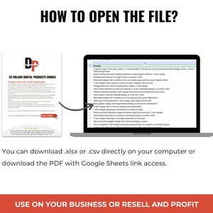 May include: A computer screen displaying a spreadsheet with a list of 30 million digital products. The spreadsheet is titled "Prompts". The image also shows a document with the text "30 Million Digital Products Bundle" and "Thank You for Your Purchase". The text "How to Open the File?" is at the top of the image. The text "You can download .xlsx or .csv directly on your computer or download the PDF with Google Sheets link access." is below the image of the computer screen. The text "Use on your business or resell and profit" is at the bottom of the image.