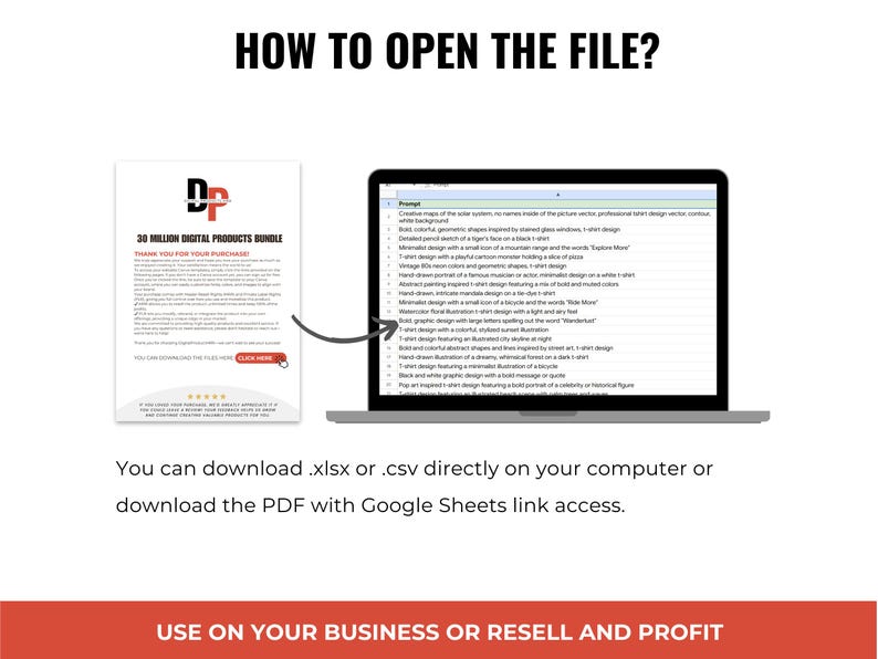 May include: A computer screen displaying a spreadsheet with a list of 30 million digital products. The spreadsheet is titled "Prompts". The image also shows a document with the text "30 Million Digital Products Bundle" and "Thank You for Your Purchase". The text "How to Open the File?" is at the top of the image. The text "You can download .xlsx or .csv directly on your computer or download the PDF with Google Sheets link access." is below the image of the computer screen. The text "Use on your business or resell and profit" is at the bottom of the image.