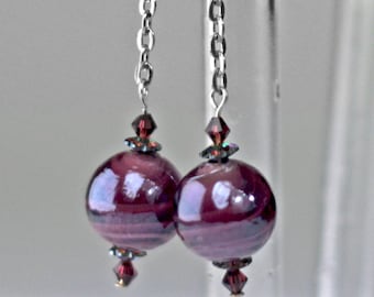 Striking Mauve Parisian Art Glass and Swarovski Dangling Earrings with Sterling Silver