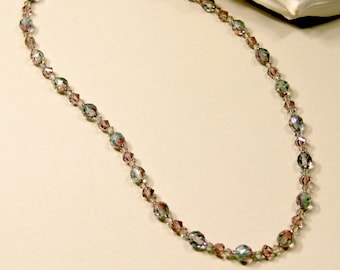 Light Pink and Sage Green Czech Crystal Necklace with Swarovski Crystals