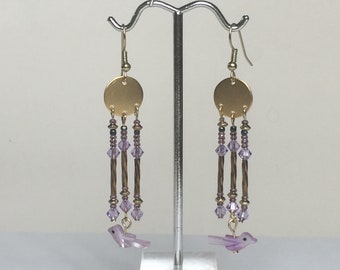 Violet Swarovski Crystal and Bird Fetish Dangle Earrings
