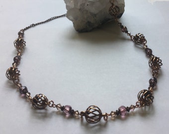 Copper and Pink Rose Mauve Czech Glass with Swarovski Crystal Necklace