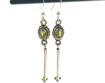 Oval Peridot Gemstones in Antiqued Sterling Silver Setting with Silver Dangle and Swarovski Crystal Drop Earrings