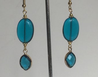 Teal and Gold Oval Dangle Earrings