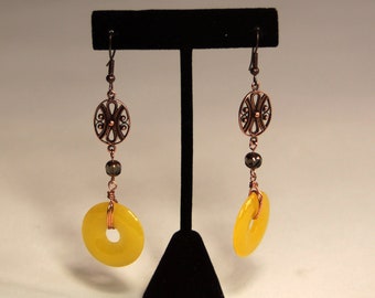 Yellow Jade with Ornate Copper-Plate Ovals and Czech Glass Dangle Earrings