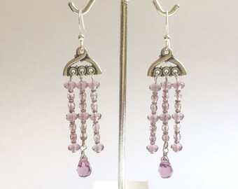 Dusty Rose Pink Crystal and Sterling Silver Chandelier Earrings