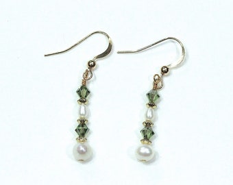 Green Swarovski Crystals with Freshwater Pearls and Cultured Pearls Earrings