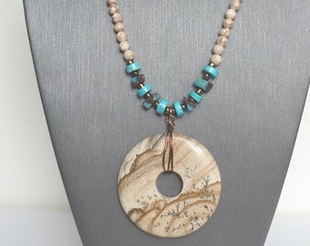 Picture Jasper with Turquoise Pendant Necklace